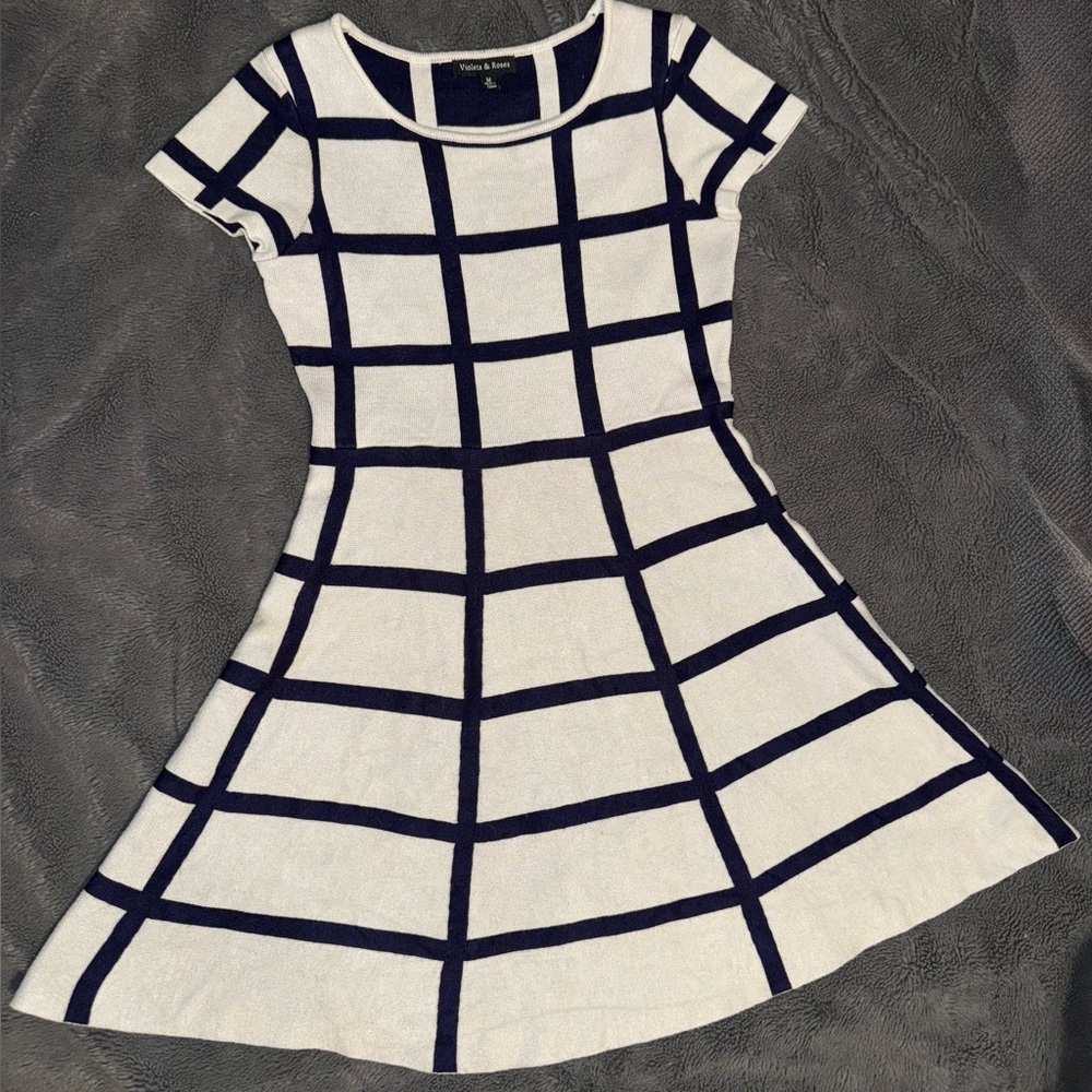 Navy and White Grid Knit Dress, Size M